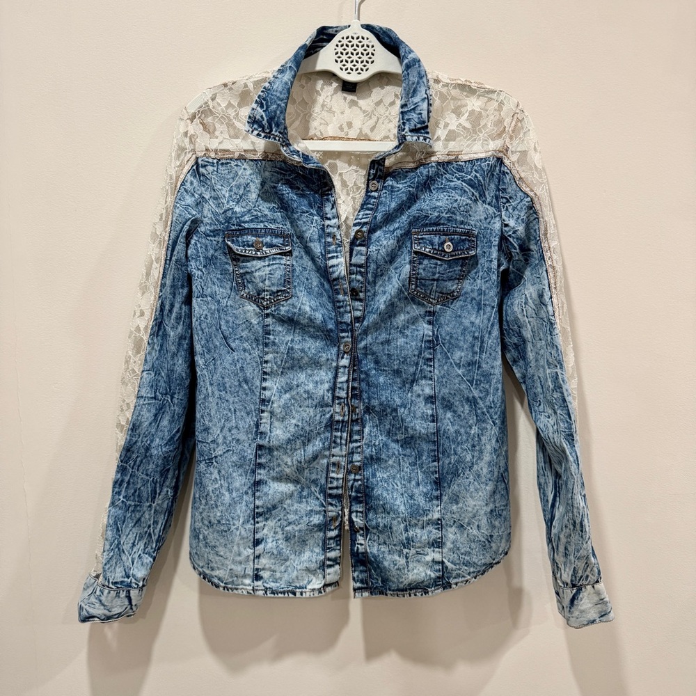 Acid Wash Denim Lace Women's Western Boho Button Down Shirt